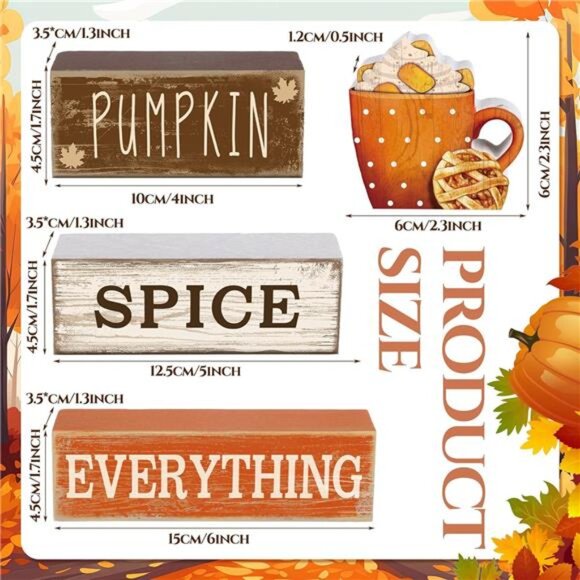 4 Pcs Fall Wooden Tabletop Decor‎ - Rustic Hello Fall Cup & Tiered Tray Signs - Picture 2 of 7